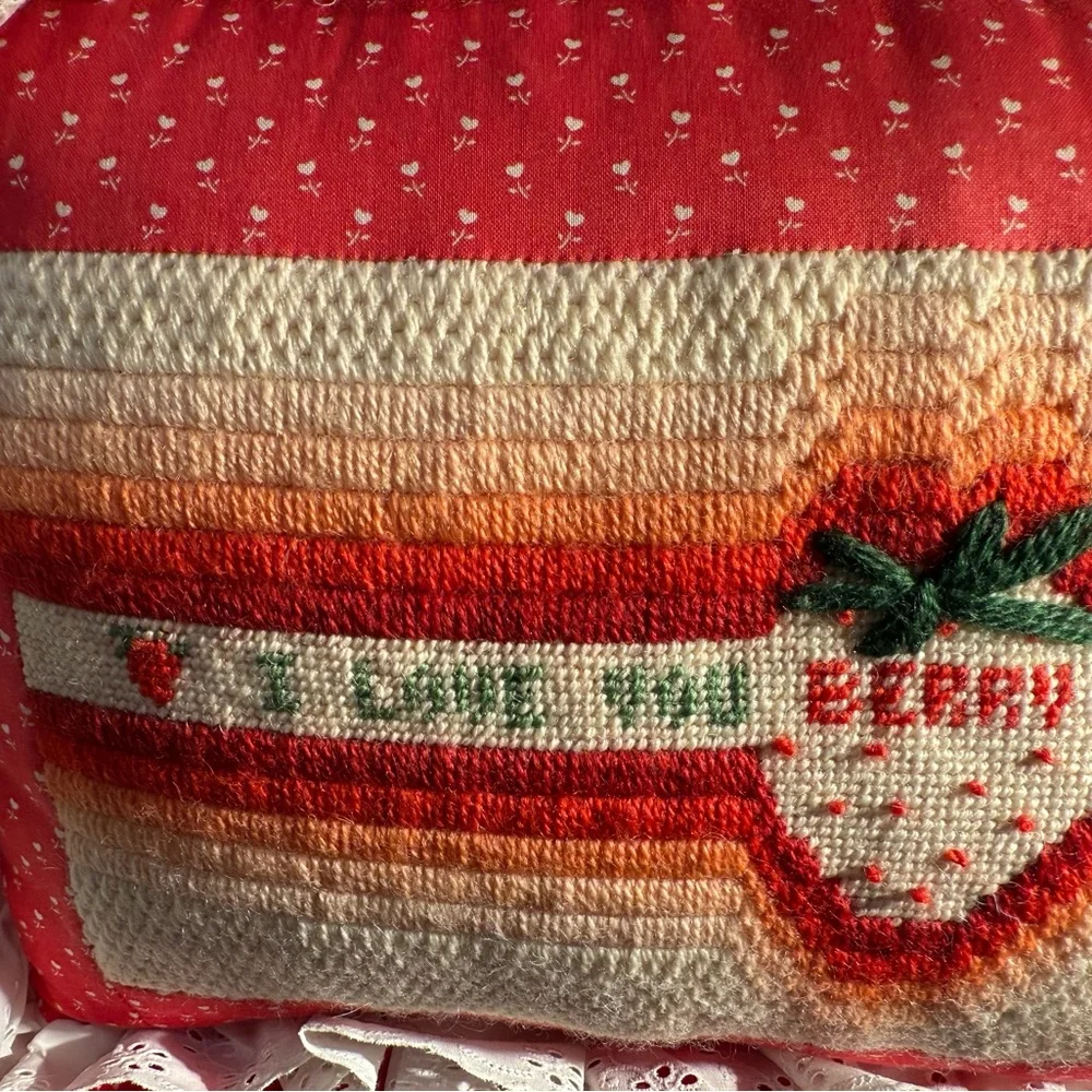 Strawberry Embroidered Pillow cottage core, grannycore  handmade raffled‎